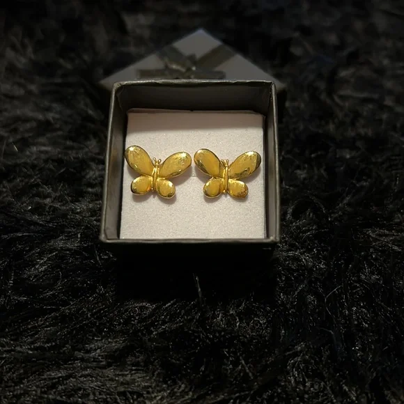 Gold butterfly earrings. Bright and fun. Roughly 0.5x0.5 inches. Good condition. - Picture 2 of 3